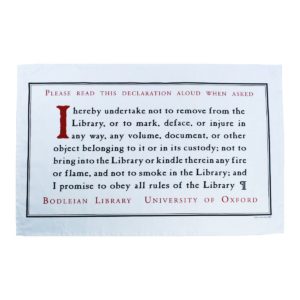 Tea towel from the Bodleian Shop with Library Declaration
